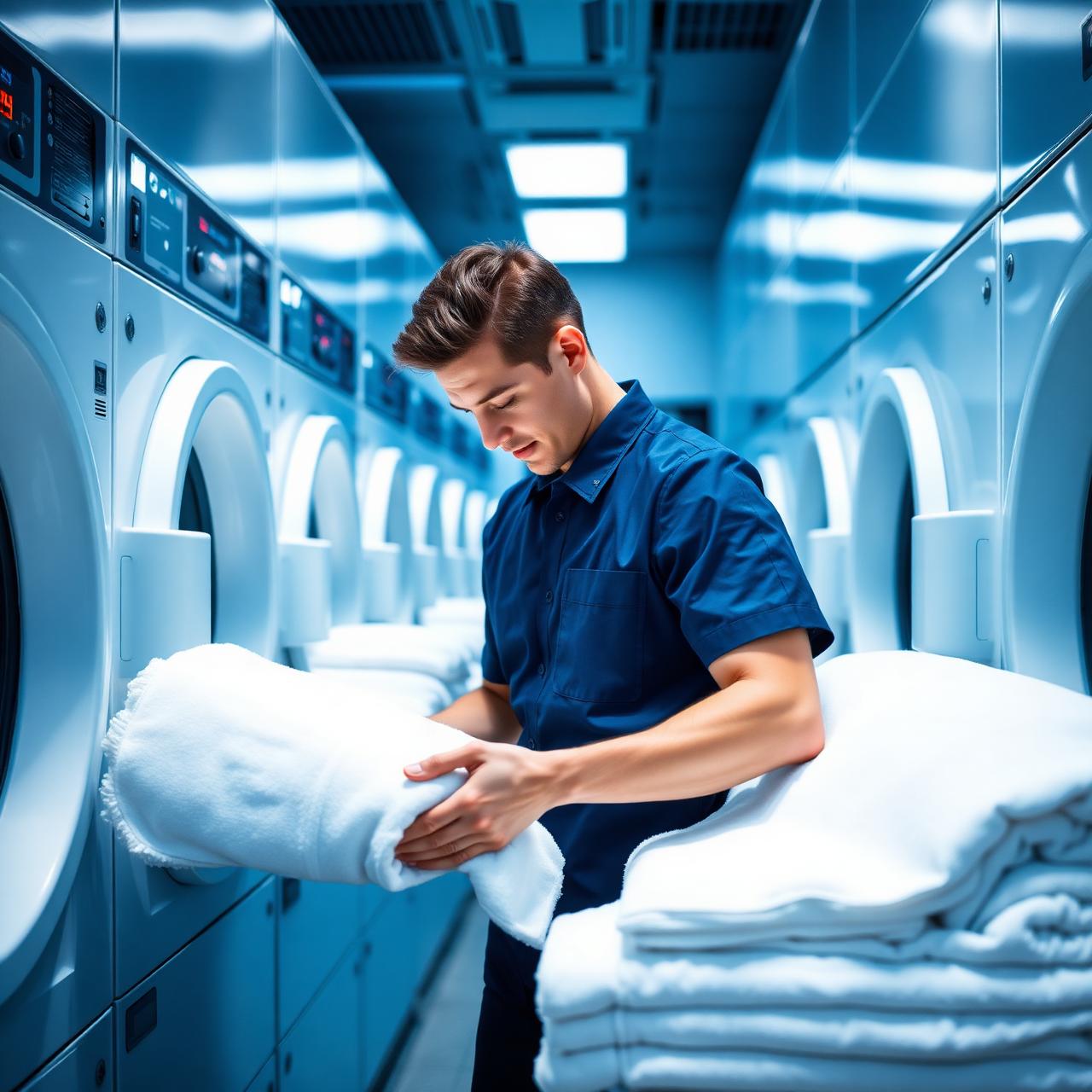 Worker folding hotel towels